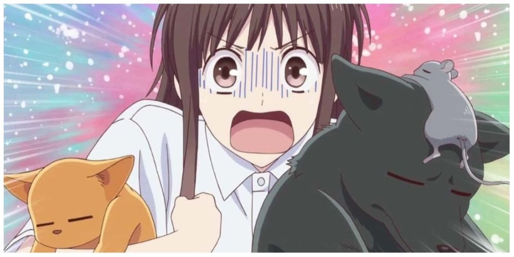 Tohru Honda with Yuki, Shigure, and Kyo Sohma in animal form in Fruits Basket.