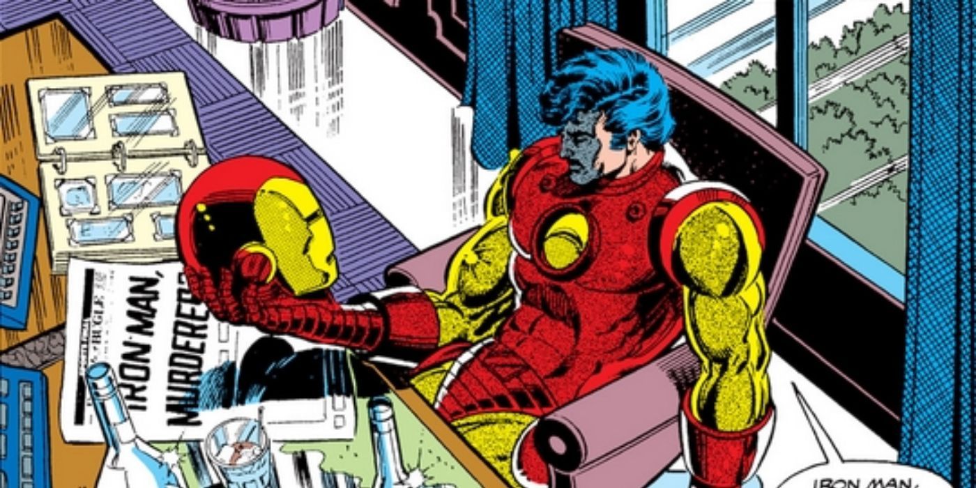 Tony Stark looks at his Iron Man helmet in Demon in a Bottle by Marvel Comics