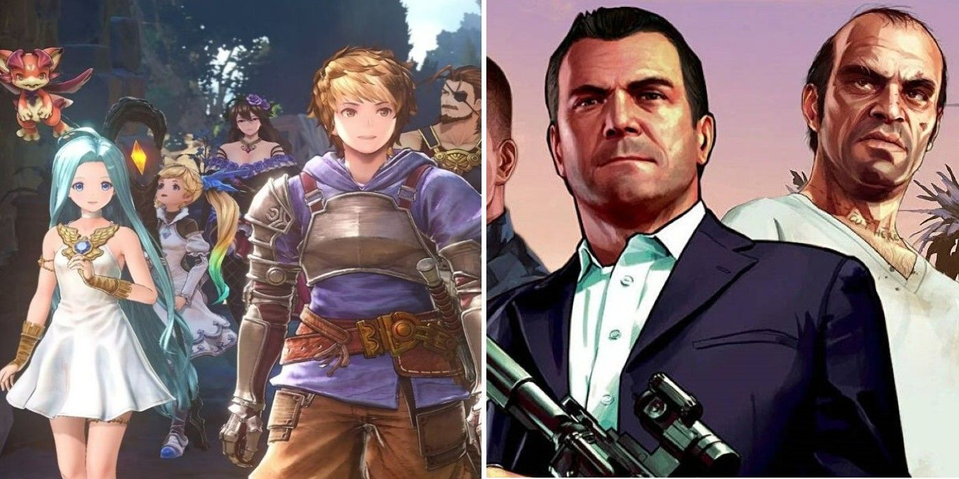 A split image of the cast of Granblue Fantasy Relink and of the main characters from Grand Theft Auto 5