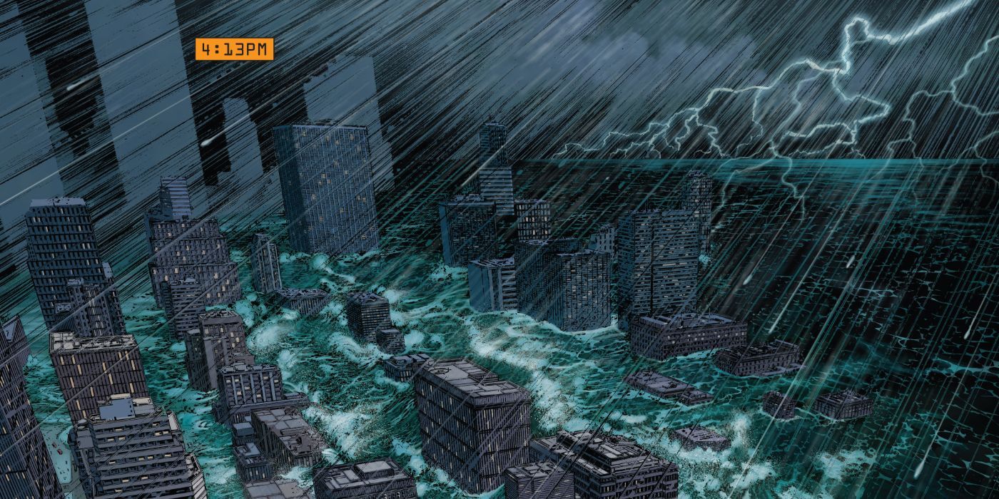 The Ultimatum Wave swamps New York City while lightning strikes
