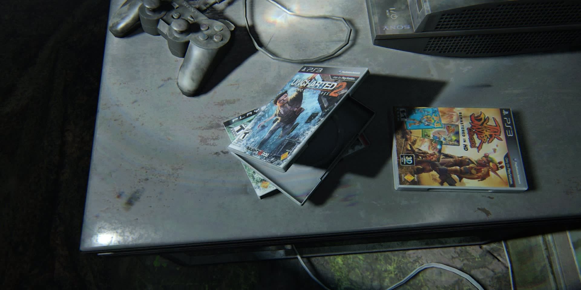 Uncharted 2: Among Thieves stacked on top of Uncharted: Drake's Fortune alongside the Jak & Daxter Collection in The Last of Us Part II
