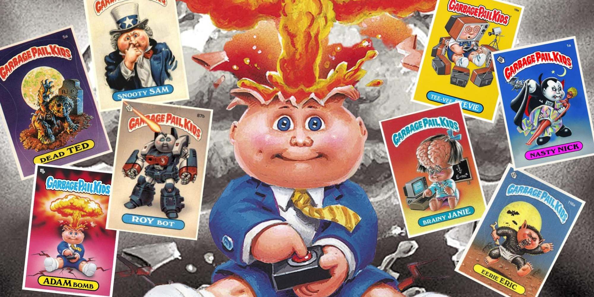 Garbage Pail Kid Adam Bomb surrounded by other GPK cards