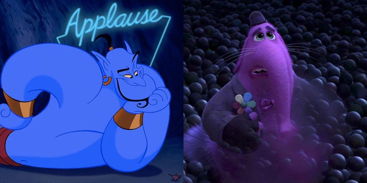Genie with Applause sign from Aladdin, and Bing Bong from Inside Out