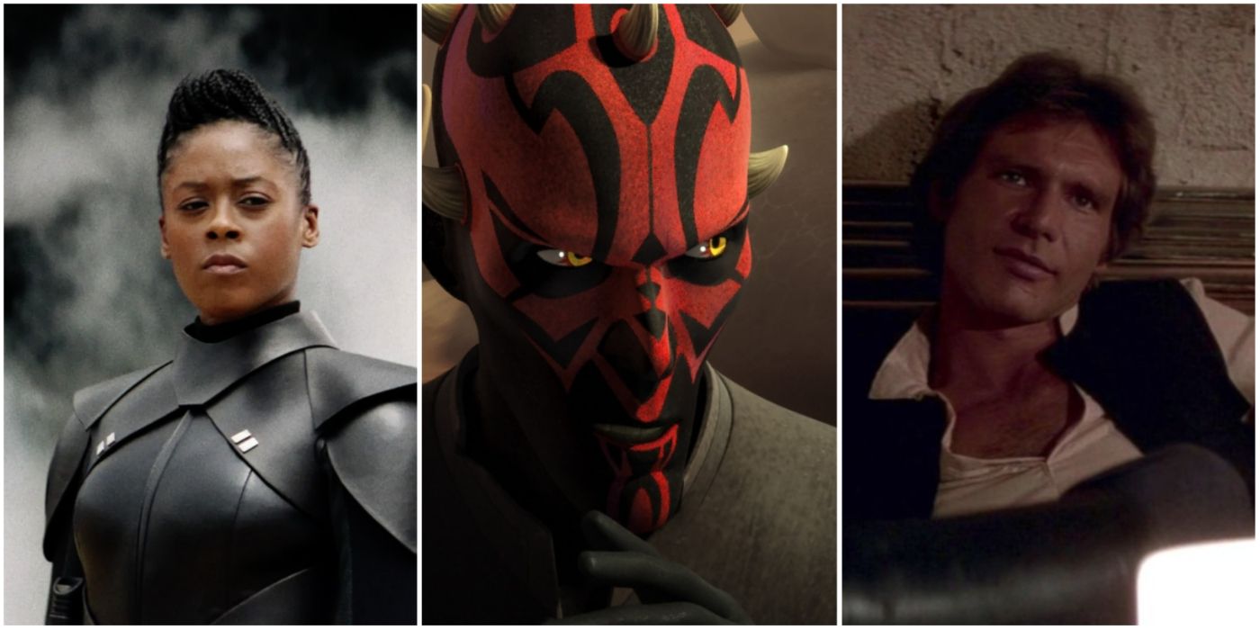 A split image of Reva from Obi-Wan Kenobi, Maul from Star Wars Rebels, and Han Solo in Star Wars Episode IV: A New Hope