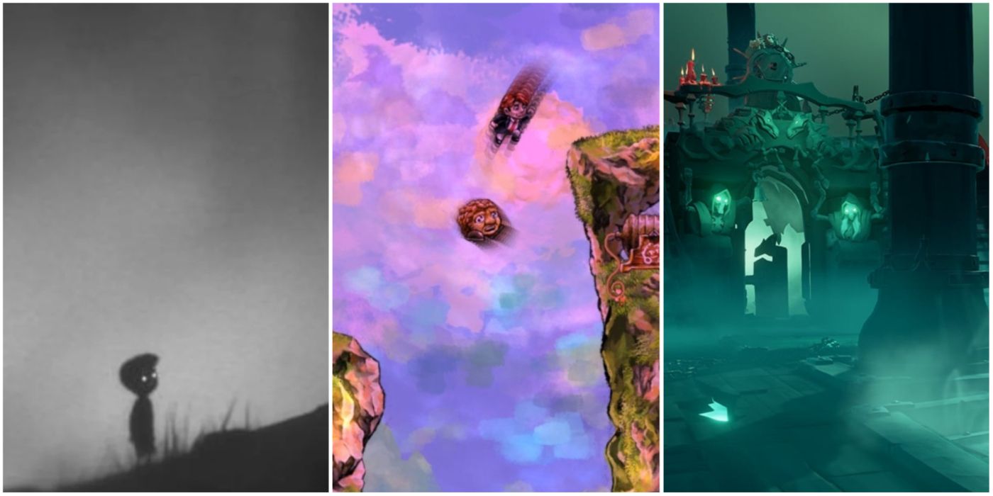A split image showing the protagonist of Limbo, time rewinding in Braid, and the Ferry of the Damned in Sea of Thieves