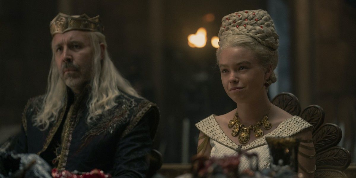 King Viserys Targaryen and young Rhaenyra Targaryen in House of the Dragon.