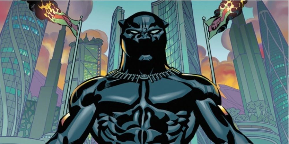 Black Panther stands in front of a Wakandan skyline in Marvel Comics
