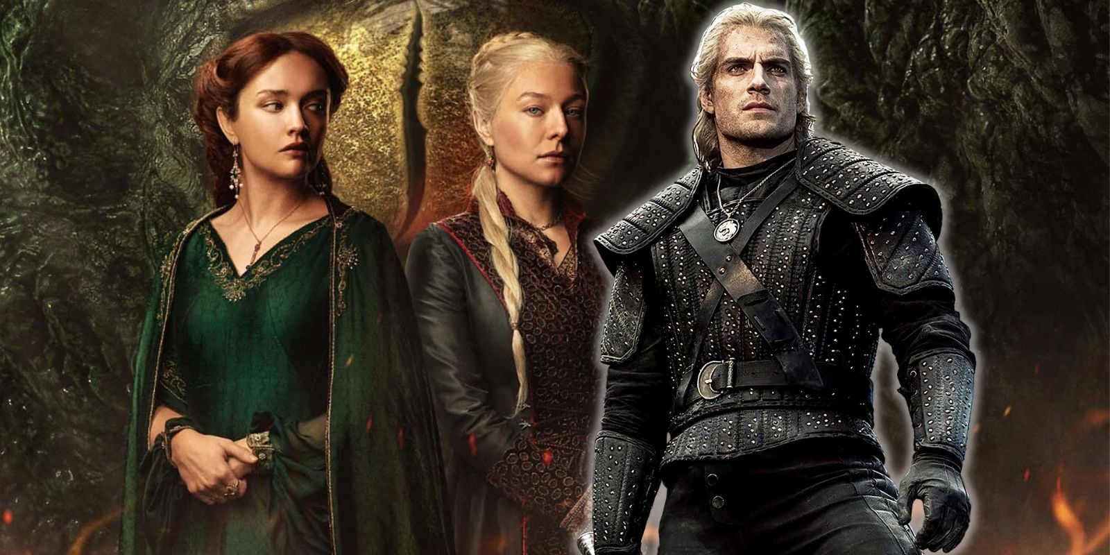 Alicent Hightower and Rhaenyra Targaryen of House of the Dragon stand next to Geralt of Rivia
