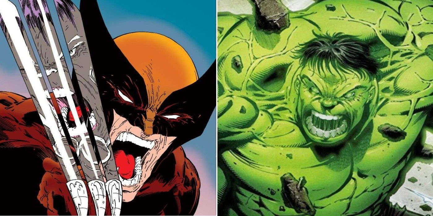 A split image of Wolverine yelling with his claws out and of the Hulk roaring and getting ready to fight
