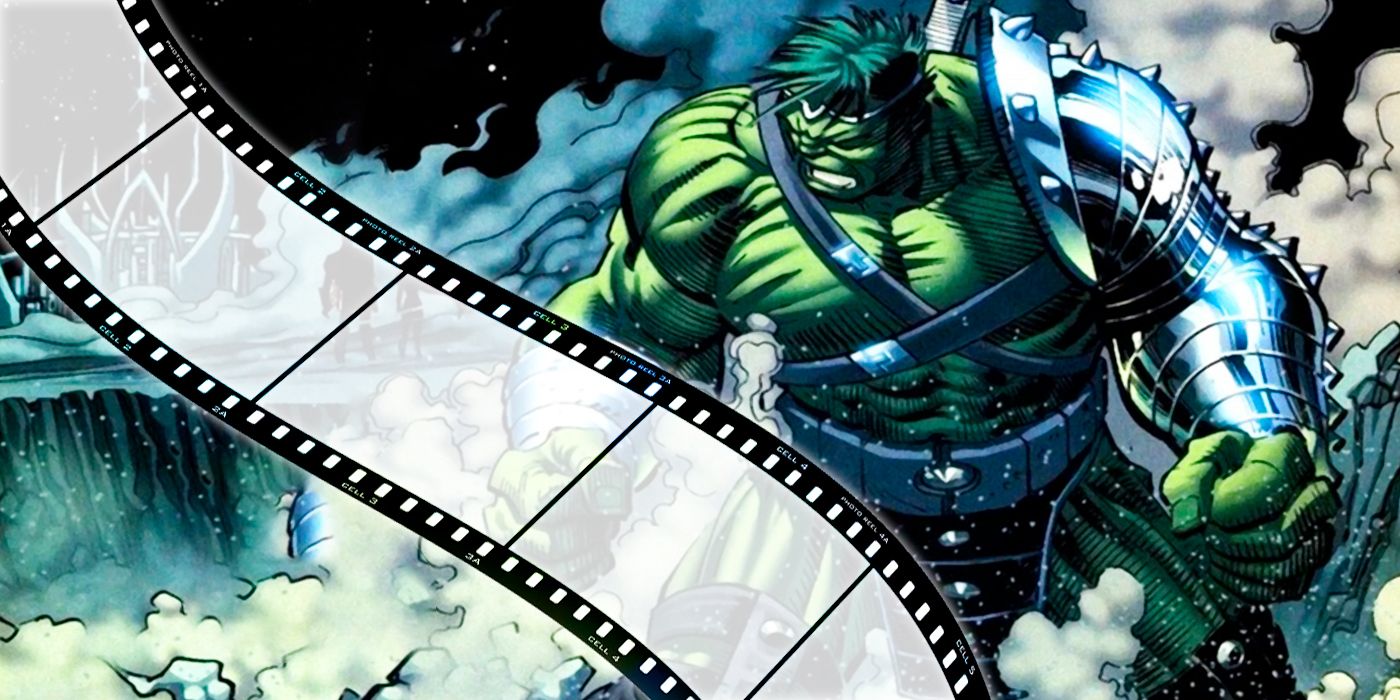 World War Hulk comic panel with a strip of film over it