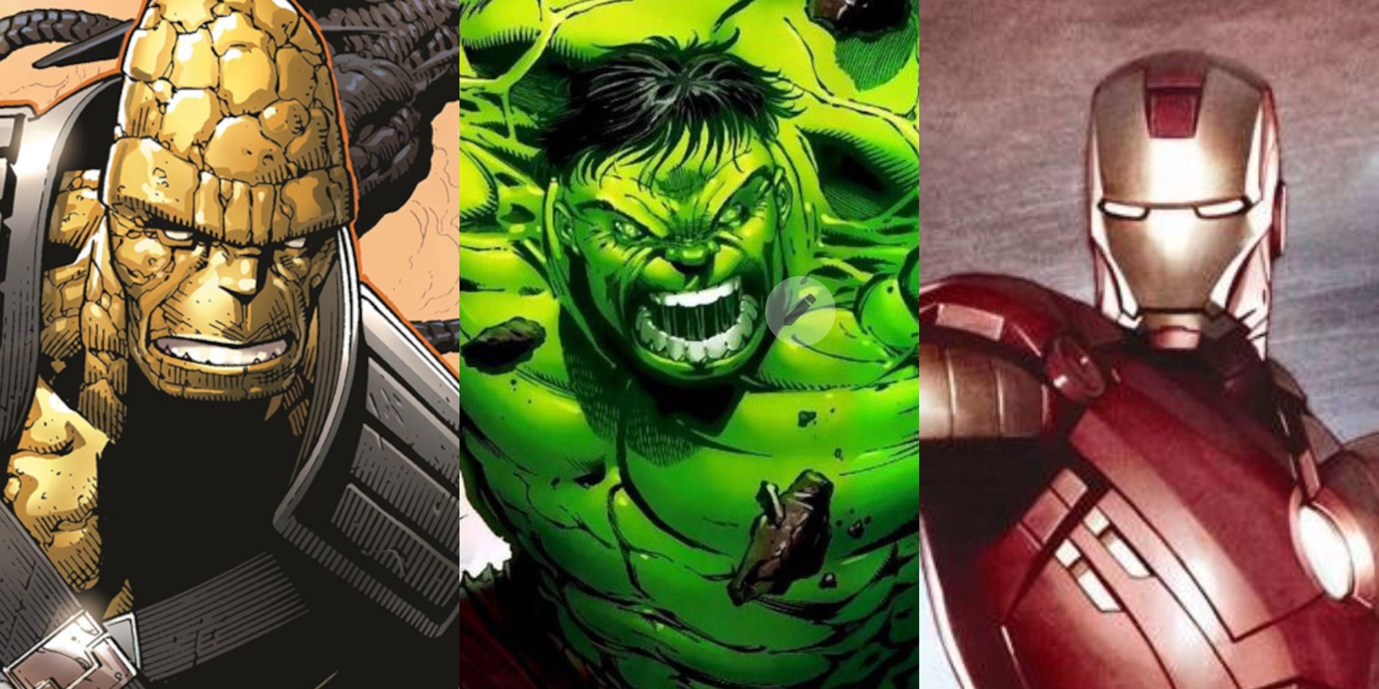Marvel Comic versions of Korg, Hulk, and Iron Man side by side