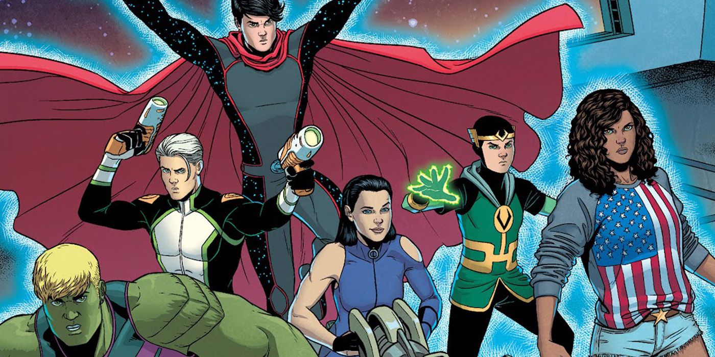 Wiccan, Speed, Kate Bishop, Hulkling, Kid Loki, and America Chavez as the 2012 Young Avengers
