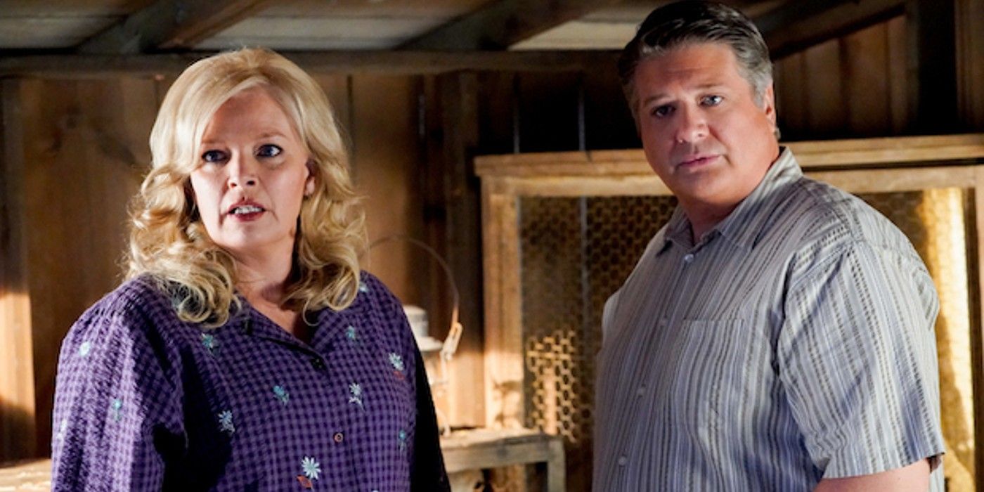 George and Brenda in the chicken coop looking anxious on Young Sheldon