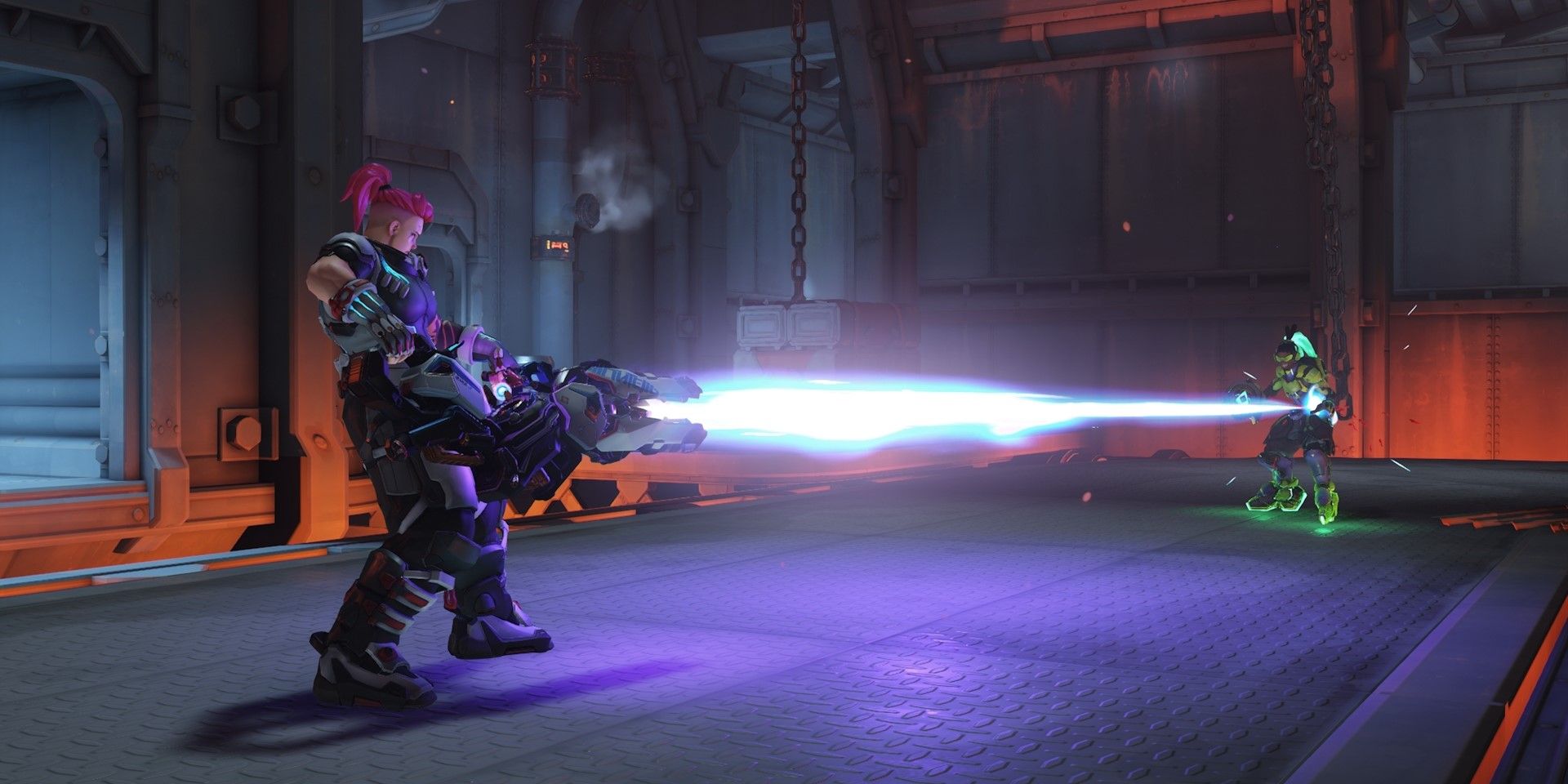 Zarya from Overwatch 2 Shooting Particle Cannon at Lucio