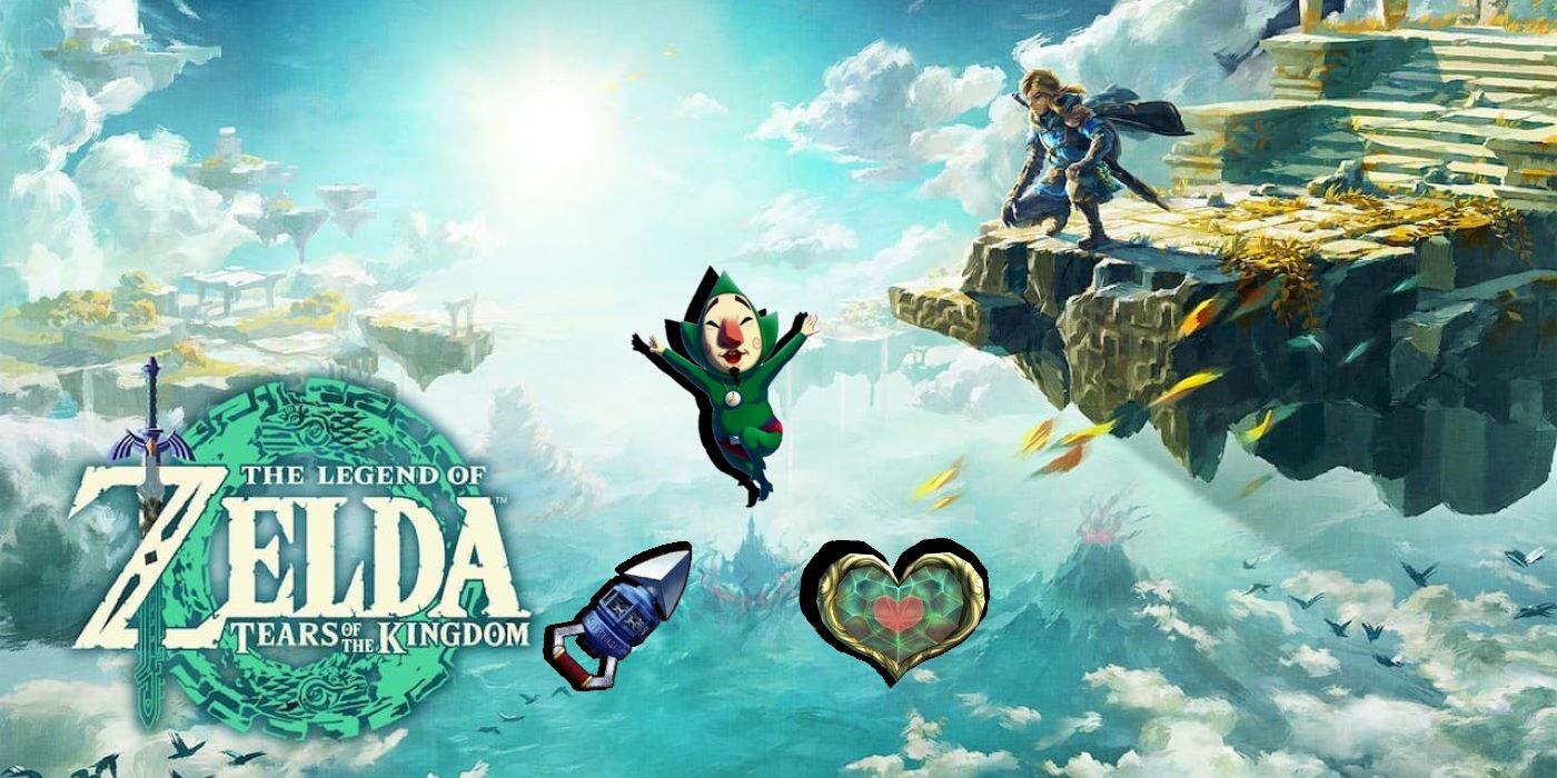 Zelda Tears of the Kingdom promo art with Tingle, Hookshot, and Piece of Heart added.
