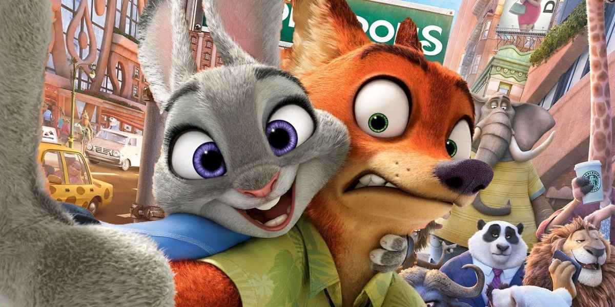 Judy Hopps taking a photo of herself with Nick and many other animals in Zootopia movie