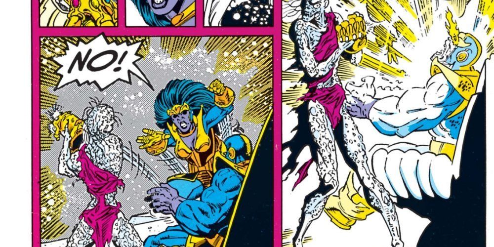 An image of Marvel Comics' Nebula stealing the Gauntlet from Thanos as Terraxia tries to stop her