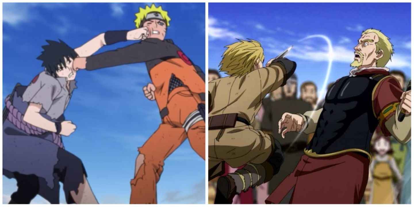 a split image of complex anime characters: Sasuke vs Naruto and Asekladd in Vinland Saga