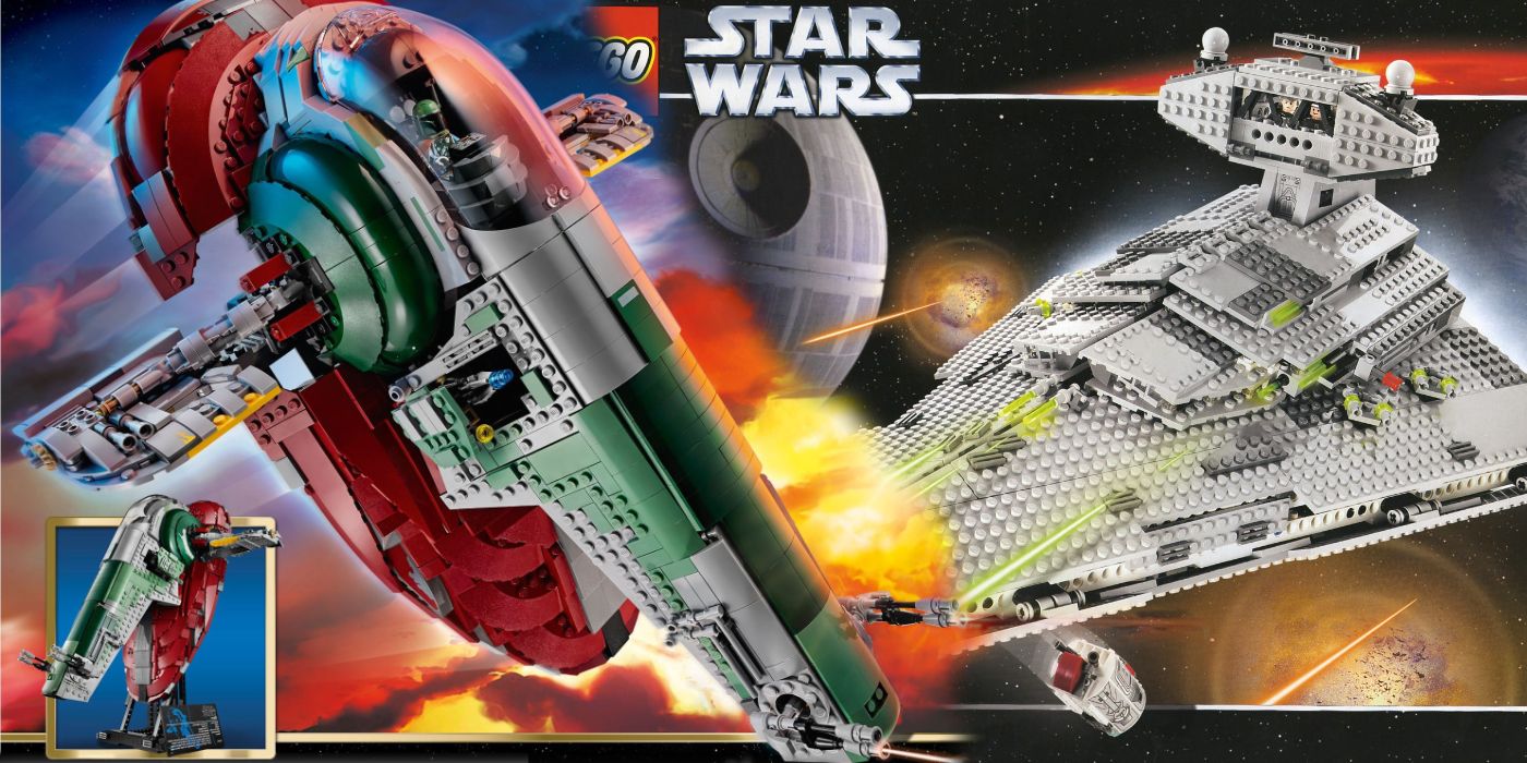 a split image of lego slave i and the lego star destroyer