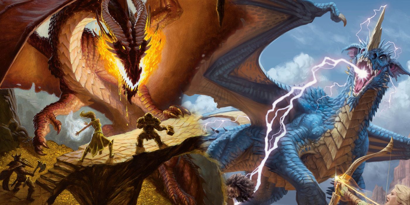 a split image of two dnd dragons in battle against adventurers
