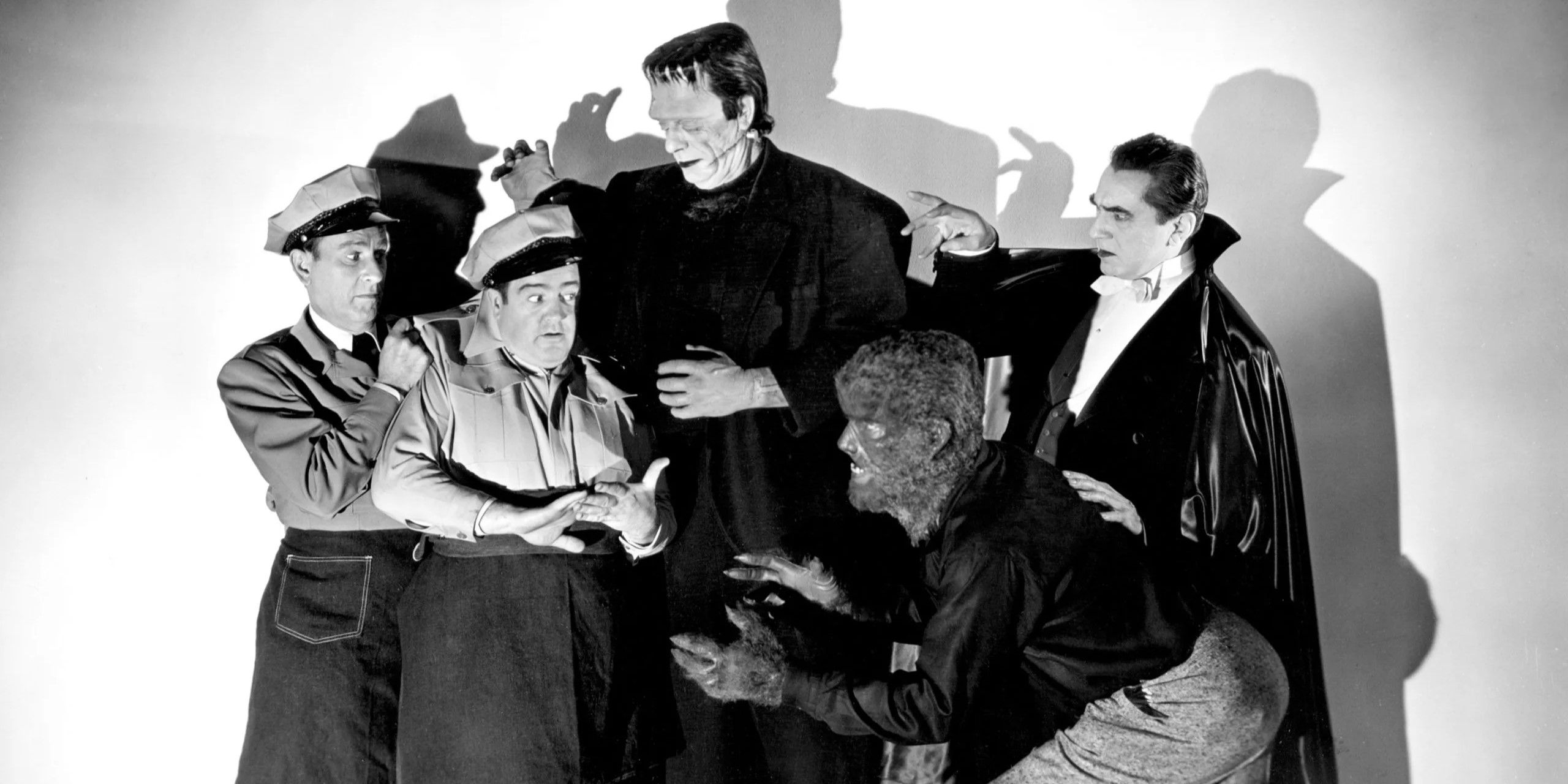 abbott and costello meet frankenstein's monster, Bela Lugosi's Dracula, and Wolfman in a Universal Monster Horror Comedy