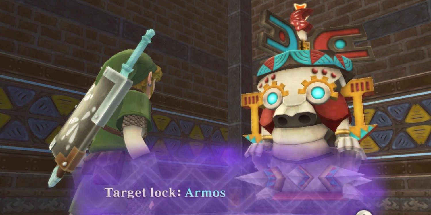 Link target locks on an Armos in The Legend of Zelda: Skyward Sword