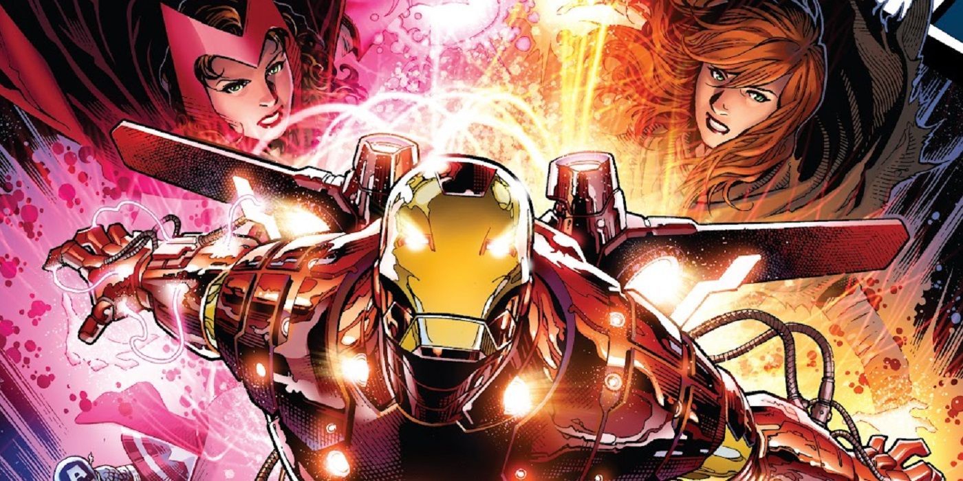 Scarlet Witch and Hope Summers charge up Iron Man's armor in Marvel Comics