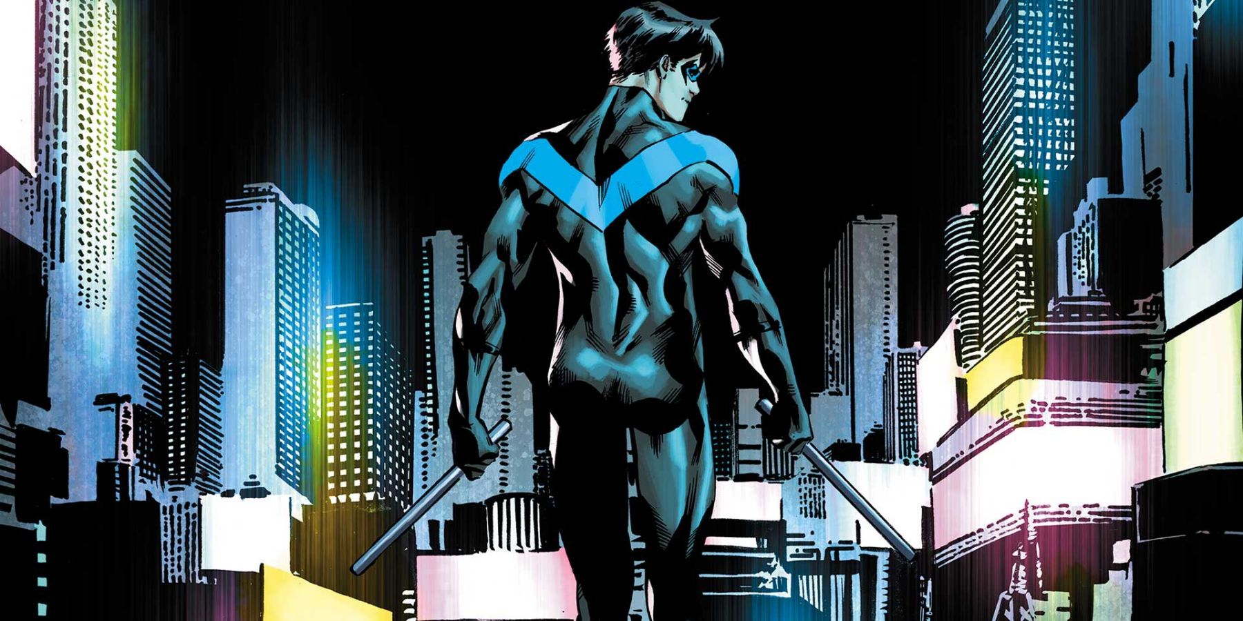 Nightwing in the midst of the city of Bludhaven
