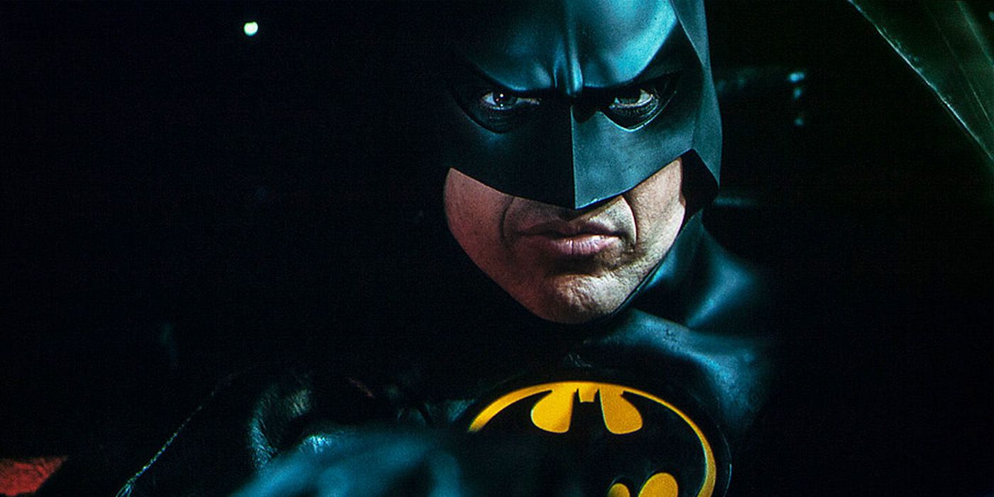 Michael Keaton's Batman behind the wheel of the Batmobile.
