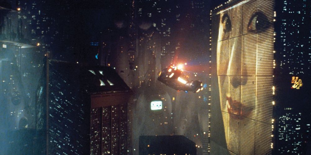 City with flying car in blade-runner