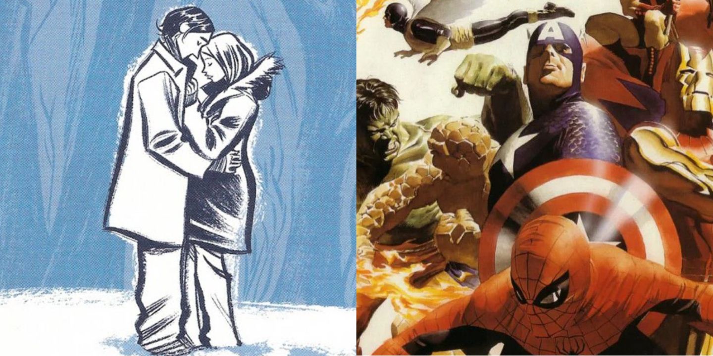 A split image of a couple embracing in Blankets and Alex Ross's Marvel heroes in Marvels