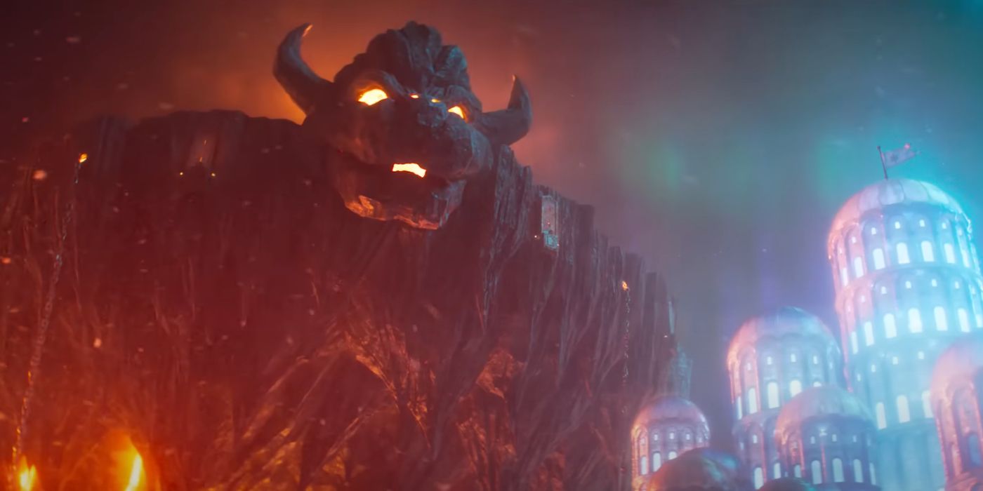 Bowser's Castle descends in The Super Mario Bros Movie.