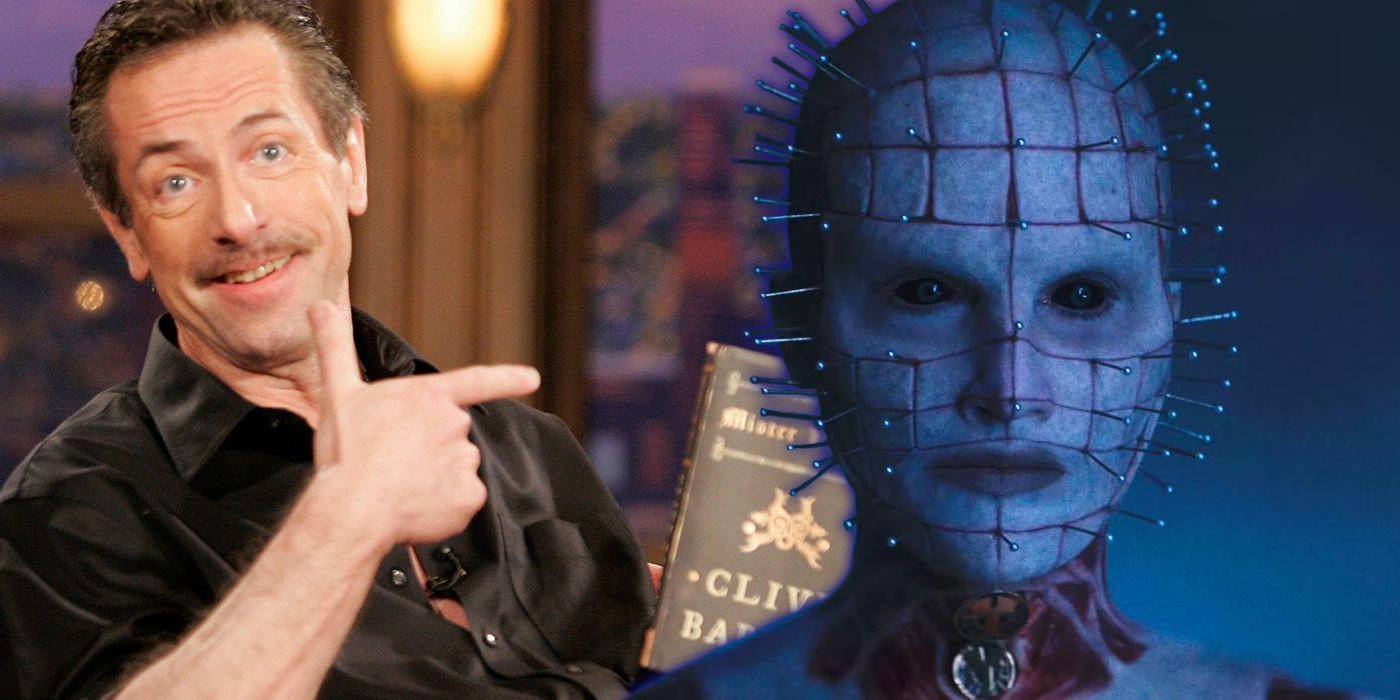 clive barker pointing to a book next to image of jamie clayton as pinhead
