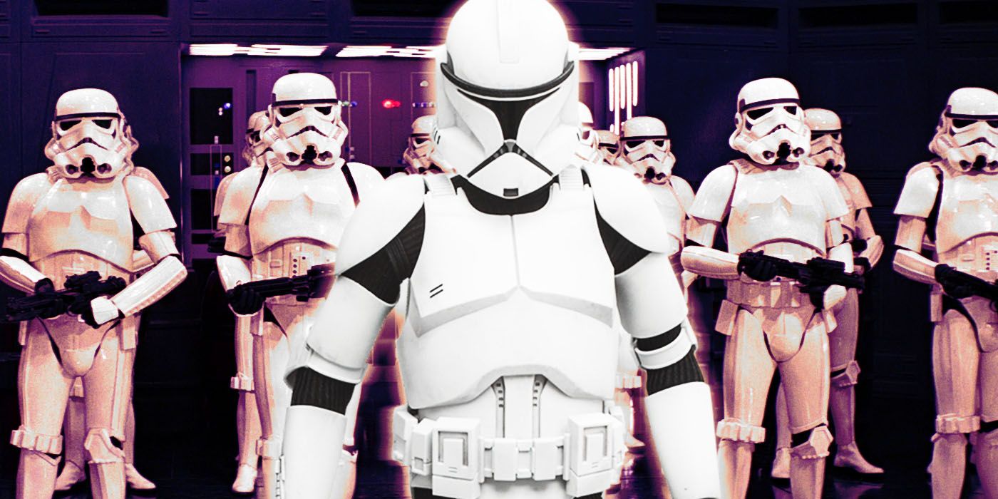 A Star Wars Clone Trooper in front of Stormtroopers