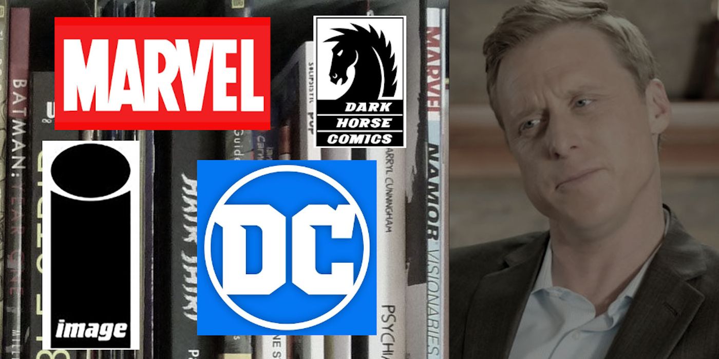comics publisher logos over shelf of comics with actor making confused face