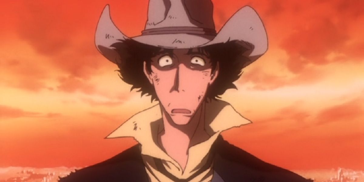 Spike wearing a cowboy hat and looking shocked in Cowboy Bebop