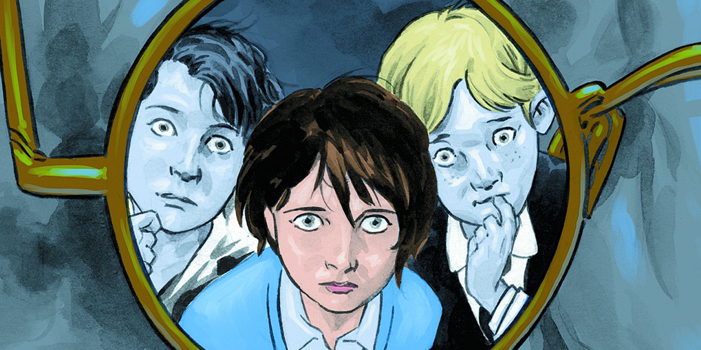 Dead Boy Detectives #4 cover, featuring Edwin Paine, Charles Rowland and Crystal Palace reflected in an eyeglasses' lens.