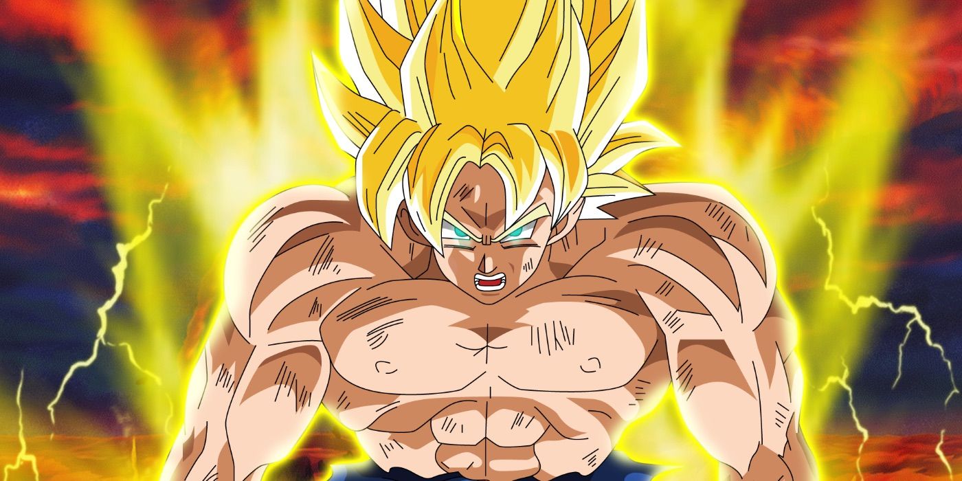 Goku from Dragon Ball as Super Saiyan with no shirt.