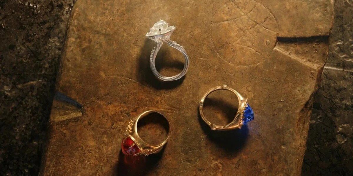 The Lord of the Rings: The Rings of Power: The Elven Rings of Power sitting on an altar just after their creation.