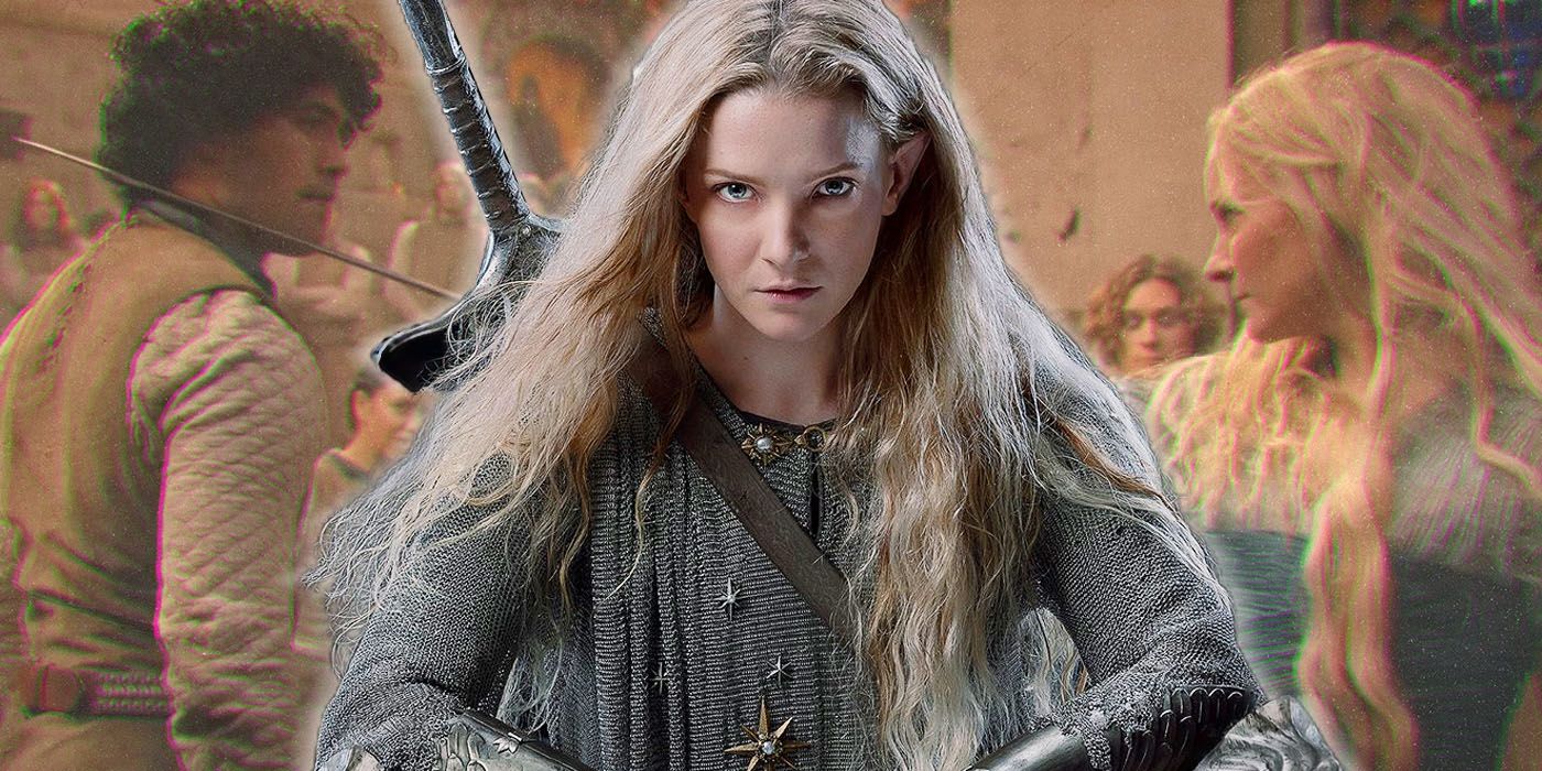 Galadriel in her warrior garb is juxtaposed with a scene from the Rings of Power