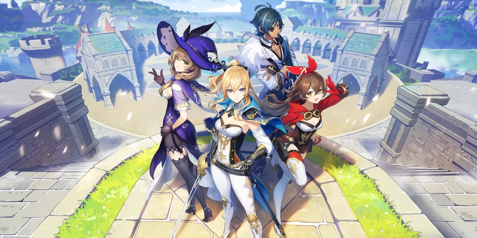 Genshin Impact keyart showing four characters in front of a castle