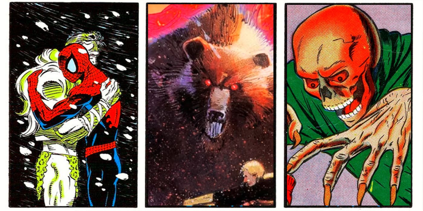 split image of Spider-Man hugging Kraven, a large bear, and Red Skull in Marvel comics
