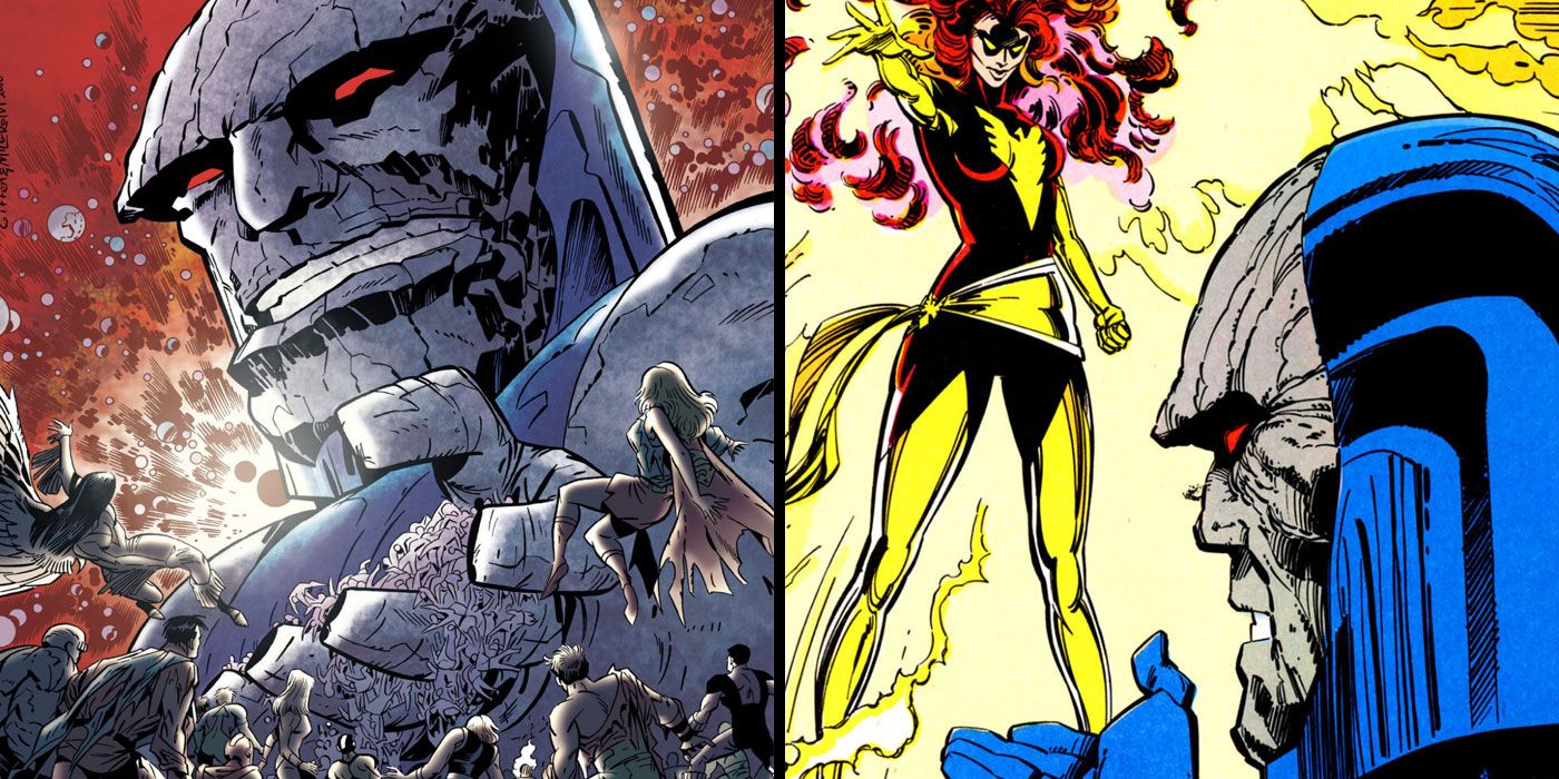 A split image of Darkseid with Legion of Super-Heroes and of Darkseid speaking with the Dark Phoenix