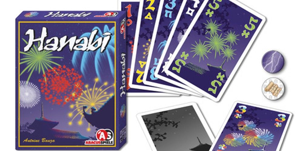 The box and cards from the game Hanabi