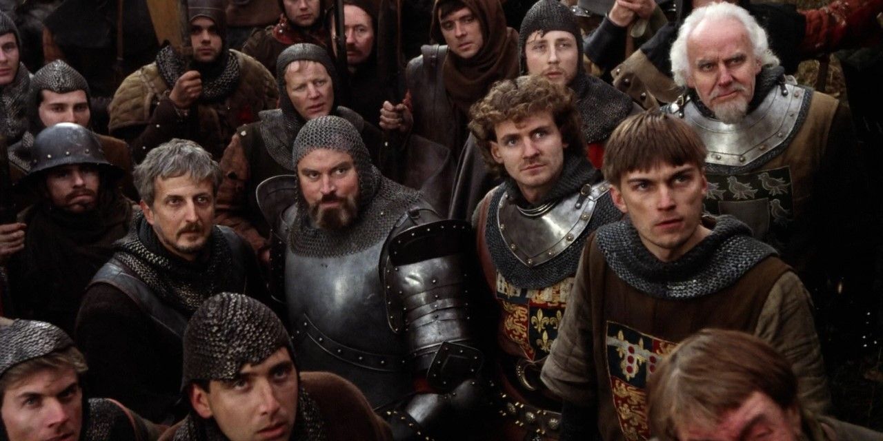 Kenneth Branagh's version of Henry V by William Shakespeare, screenshot of Henry's army with Brian Blessed front and center