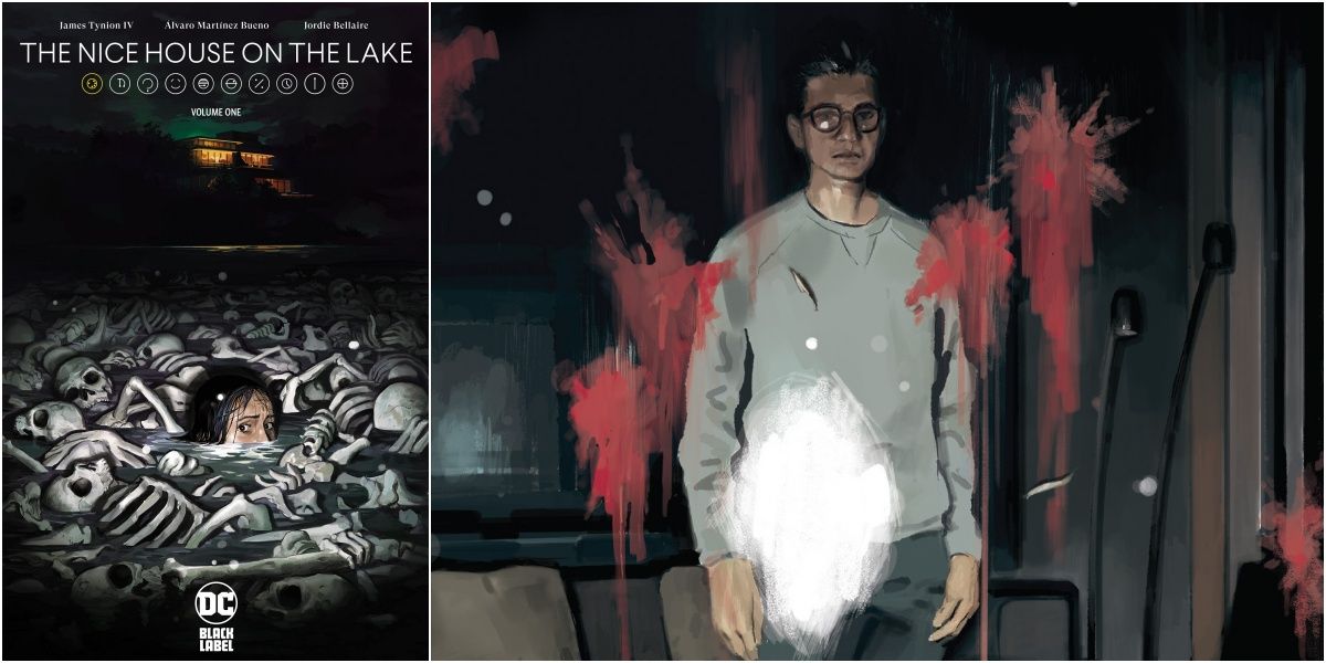 split image of the nice house on the lake volume 1 cover and panel
