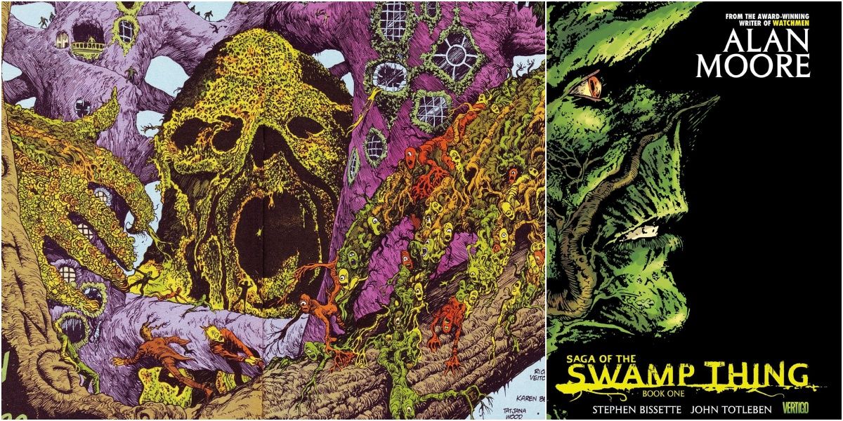 split image of alan moore's Swamp thing panel and volume 1 cover