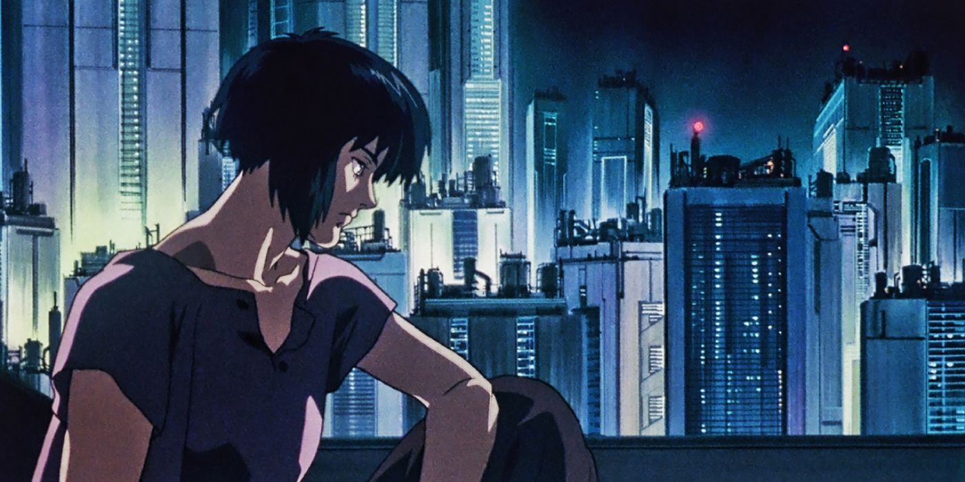 Motoko looks over Niihama city in Ghost in the Shell movie.