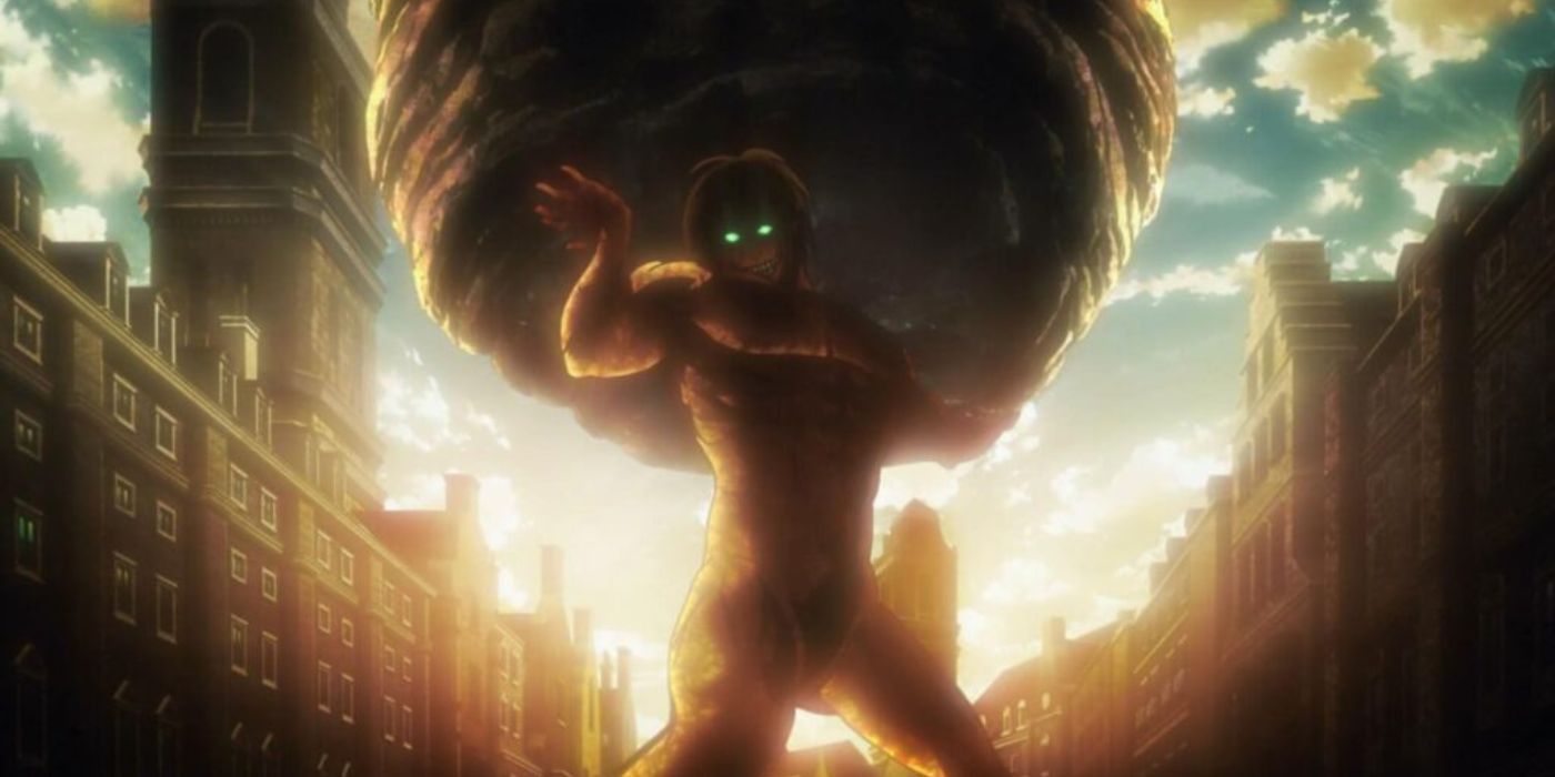 Eren's Attack Titan in Attack on Titan holding a giant boulder.