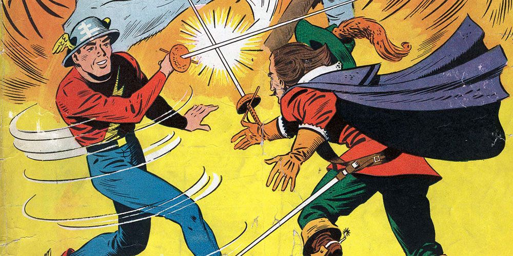 The Golden Age Flash, Jay Garrick, fights a French musketeer in DC Comics